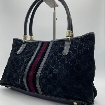 Gucci metallic G on black suede satchel w red & blue stripe