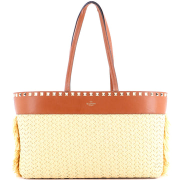 Rockstud Shopping Tote Raffia with Leather Large