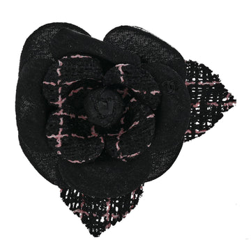 Tweed Fabric Camellia Pin Brooch Black Pink
