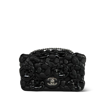 Black leather Patent Camellia Mini Rectangular Flap Silver Hardware