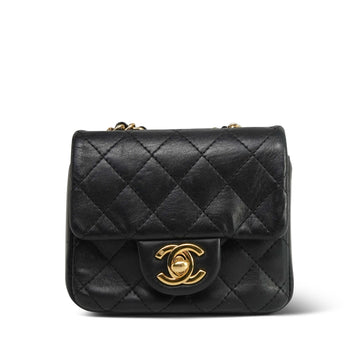 Black leather Quilted Micro Coin Purse With Chain Gold Hardware