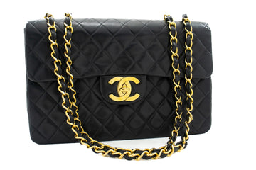 CHANEL Classic Large 13" Flap Chain Shoulder Bag Black Leather j56