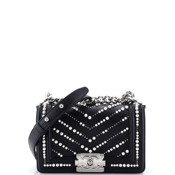 Boy Flap Bag Pearl Embellished Chevron Calfskin Small