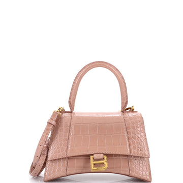 Hourglass Top Handle Bag Crocodile Embossed Leather Small