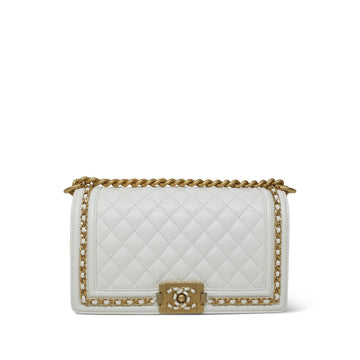 23P White leather Quilted Old Medium Chain Around Boy Bag Aged Gold Hardware
