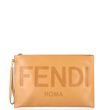 Logo Flat Wristlet Pouch Embossed Leather Large