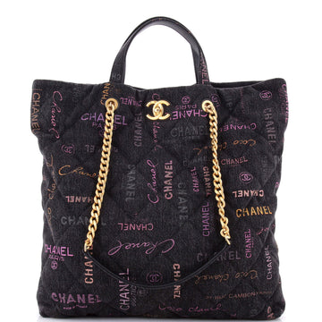 Denim Mood Shopping Tote Logo Printed Quilted Denim Maxi