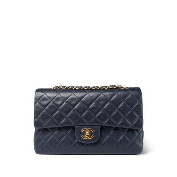 Navy leather Quilted Medium Classic Flap Gold Hardware
