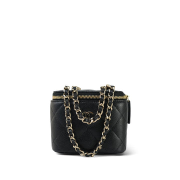 21S Black leather Quilted Mini Clutch With Chain Light Gold Hardware