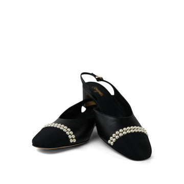 20P Black leather Grosgrain Pearl Cap Toe CC Slingback Pumps Size 39.5