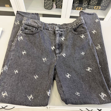 Chanel Black Denim Jeans with Silver Embroidered CC Logo Size 38
