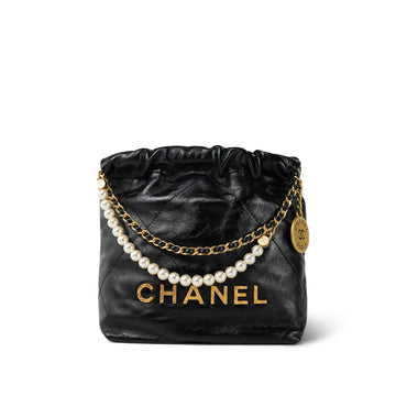 23S Shiny Black leather Quilted Mini 22 Pearl Strap Bag Aged Gold Hardware