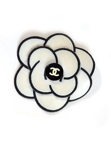 Chanel White/Black  Leather CC Camellia Brooch