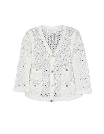 Chanel White Crochet Button down Jacket w/ 4 Pockets & 8 Silvertone Buttons sz Large