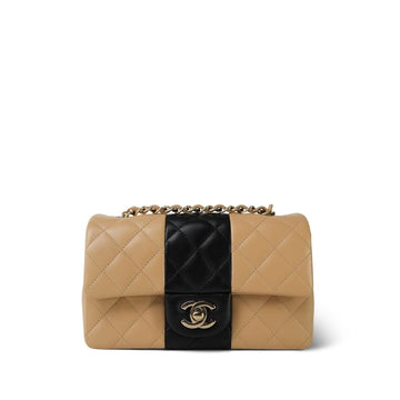 Beige/Black Bi-Color leather Quilted Mini Rectangular Flap Light Gold Hardware