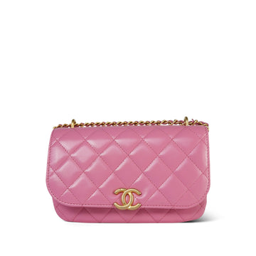 23A Pink leather Quilted Phone Holder With Chain Aged Gold Hardware