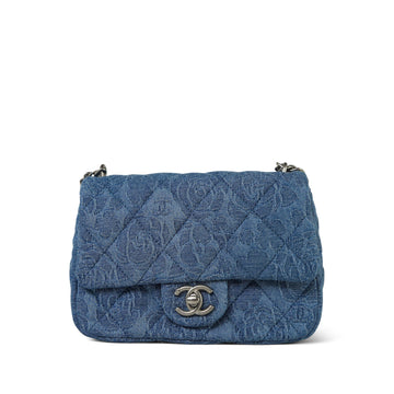 23P Blue Denim Quilted Camellia Mini Sweetheart Single Flap Bag Aged Silver Hardware