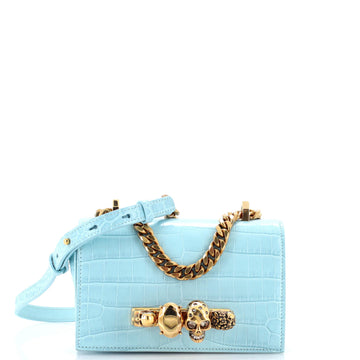 Jeweled Flap Bag Crocodile Embossed Leather Small