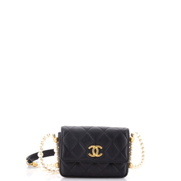 About Pearls Flap Card Holder with Chain Quilted Calfskin