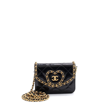 Heart Chain Flap Bag Quilted Patent Mini