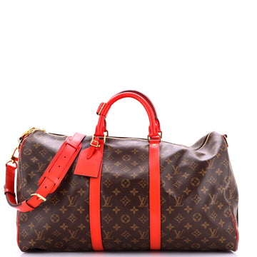 Keepall Bandouliere Bag Monogram Canvas with Coquelicot Leather Trim 50