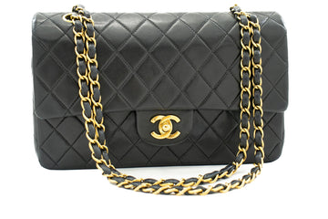 CHANEL 2.55 Double Flap Medium Chain Shoulder Bag Black Leather j94