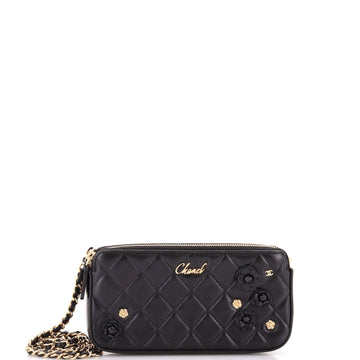 Camellia Charms Double Zip Clutch with Chain Quilted Lambskin