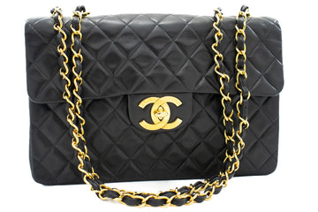 CHANEL Classic Large 13" Flap Chain Shoulder Bag Black Leather j82