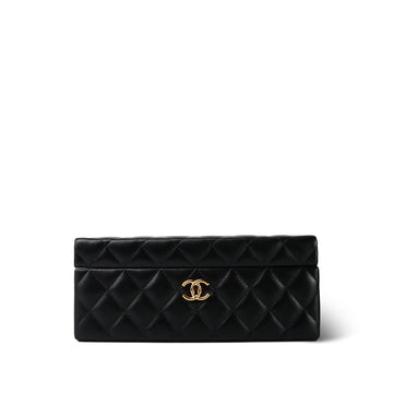 Black leather Quilted Jewelry Box Small Light Gold Hardware