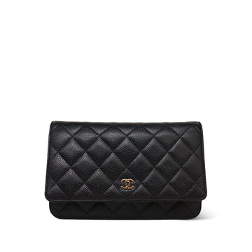 Black leather Quilted Wallet on Chain WOC Gold HW