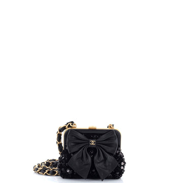 Bow Frame Clutch With Chain Sequin Embellished Tweed with Leather Mini