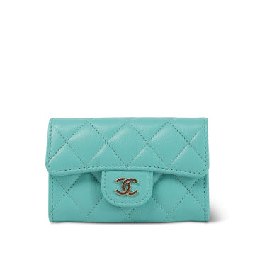 24C Turquoise leather Quilted Card Holder Light Gold Hardware