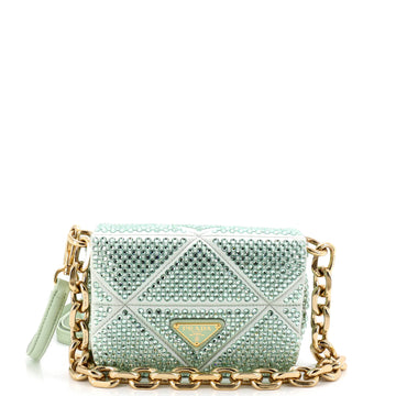 Triangle Chain Flap Bag Crystal Embellished Quilted Satin