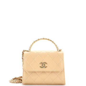 Logo and Pearl Top Handle Clutch with Chain Quilted Lambskin Small