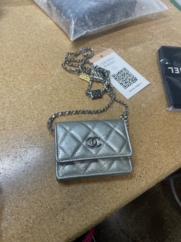 Flap Card Holder on Chain with Charms Quilted Aged Leather Mini