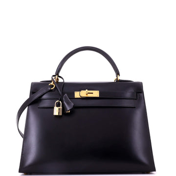 Kelly Handbag Noir Box Calf with Gold Hardware 32