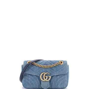 Pearly GG Marmont Flap Bag Matelasse Denim Small