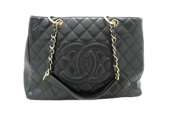 CHANEL Leather GST 13" Grand Shopping Tote Chain Shoulder Bag Black j25