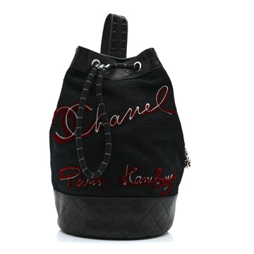 Wool Calfskin Embroidered Paris Hamburg Drawstring Backpack Black