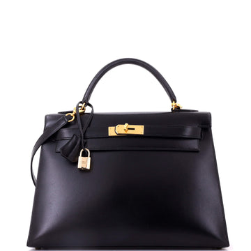 Kelly Handbag Noir Box Calf with Gold Hardware 32