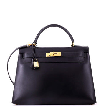 Kelly Handbag Noir Box Calf with Gold Hardware 32