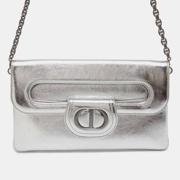Silver Leather Diordouble Clutch Bag