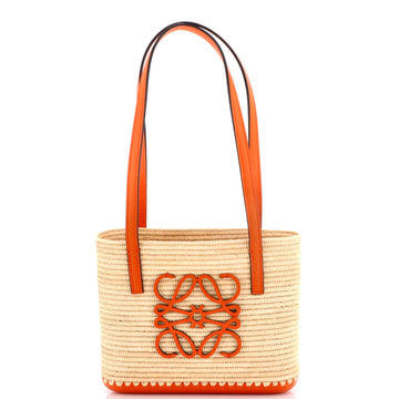 Square Basket Tote Woven Raffia and Leather Mini