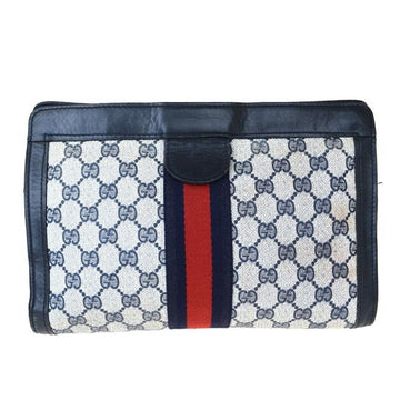 Gucci Navy Guccissima Print Coated Canvas & Navy Leather Clutch with Red & Blue Sherry Stripe & Velcro Closure