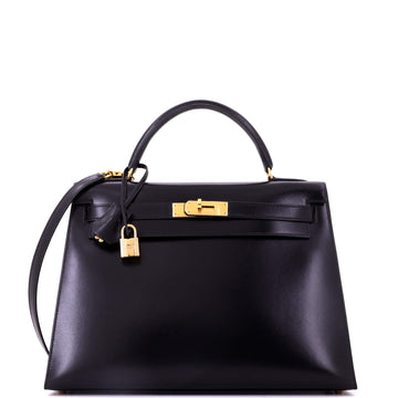 Kelly Handbag Noir Box Calf with Gold Hardware 32