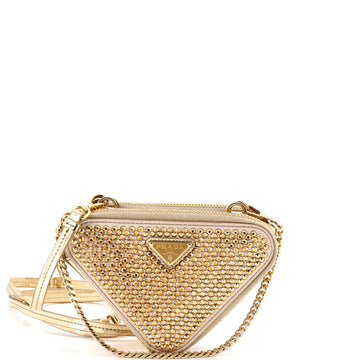 Triangle Double Pouch Crossbody Crystal Embellished Satin Mini