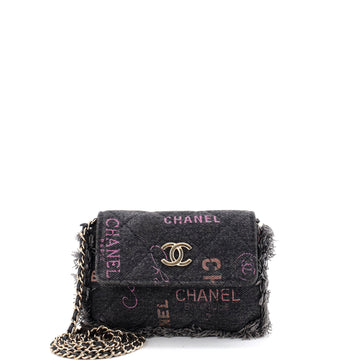Denim Mood Flap Clutch with Chain Logo Printed Quilted Fringe Denim