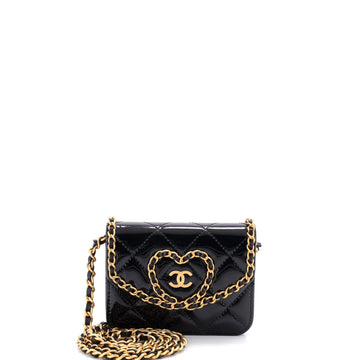Heart Chain Flap Bag Quilted Patent Mini