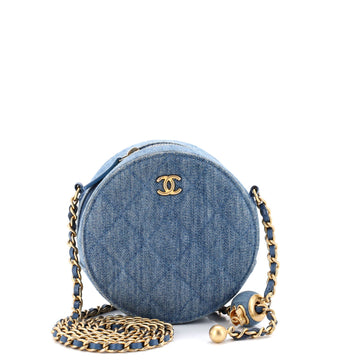 Pearl Crush Round Clutch with Chain Quilted Denim