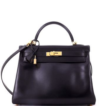 Kelly Handbag Noir Box Calf with Gold Hardware 32